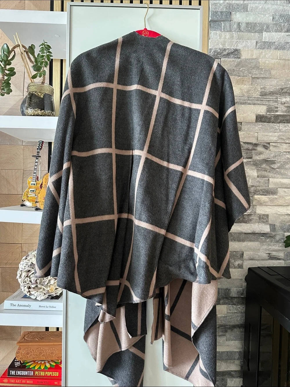 Reversible Gray & Beige Windowpane Women's pocho